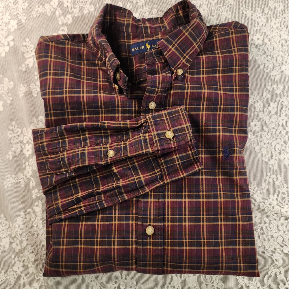 Ralph Lauren Mens XL Burgundy Navy Plaid Button Down Pony Logo